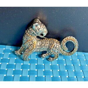 Cheetah Tiger Cougar Shape Silver & Gold Toned Brooch 2.5” Long Pewter